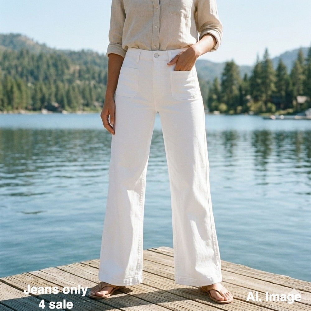 PAIGE Leenah White Patch Pocket Wide Leg Jeans 34 High Rise NWT Resort‎
